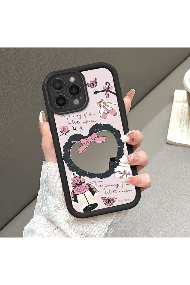 iPhone 14 Pro Compatible Drop Resistant Black Silicone Case Mirror Face Heart Patterns