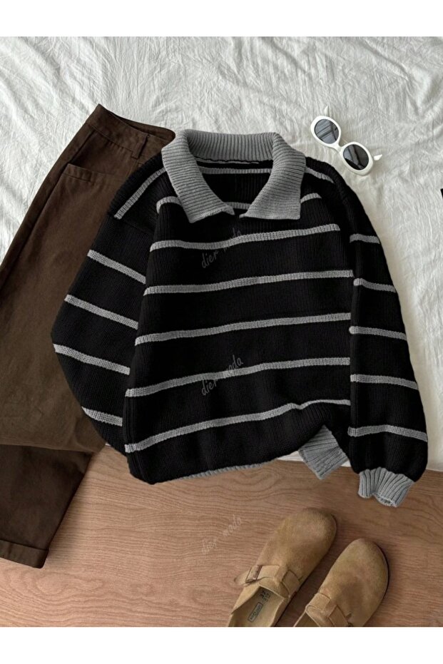 Gray Black Thessaloniki Knitted Polo Neck Oversized Knitwear Sweater, Women's Sweater Fmoda101