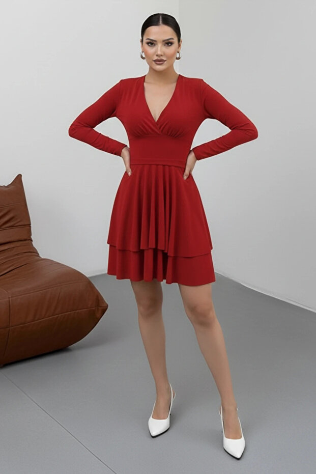 KRUVAZE YAKA CIFT KAT ELBISE - 5