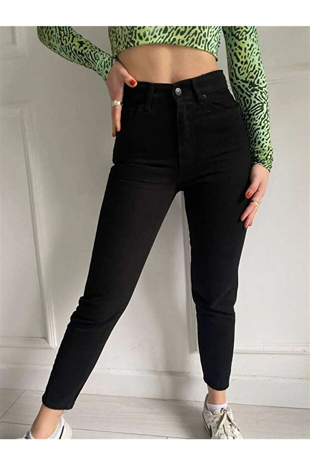 Ns-94139 Classic Black High Waist Stretch Fabric Mom Jeans