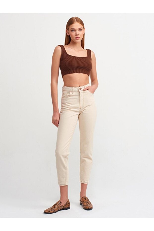 Ns-86129 Women's Ecru Color Mom Jeans