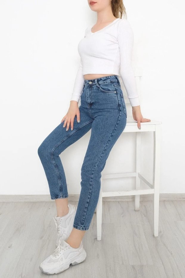Ns-76728 Snow Wash Mom Jeans Blue