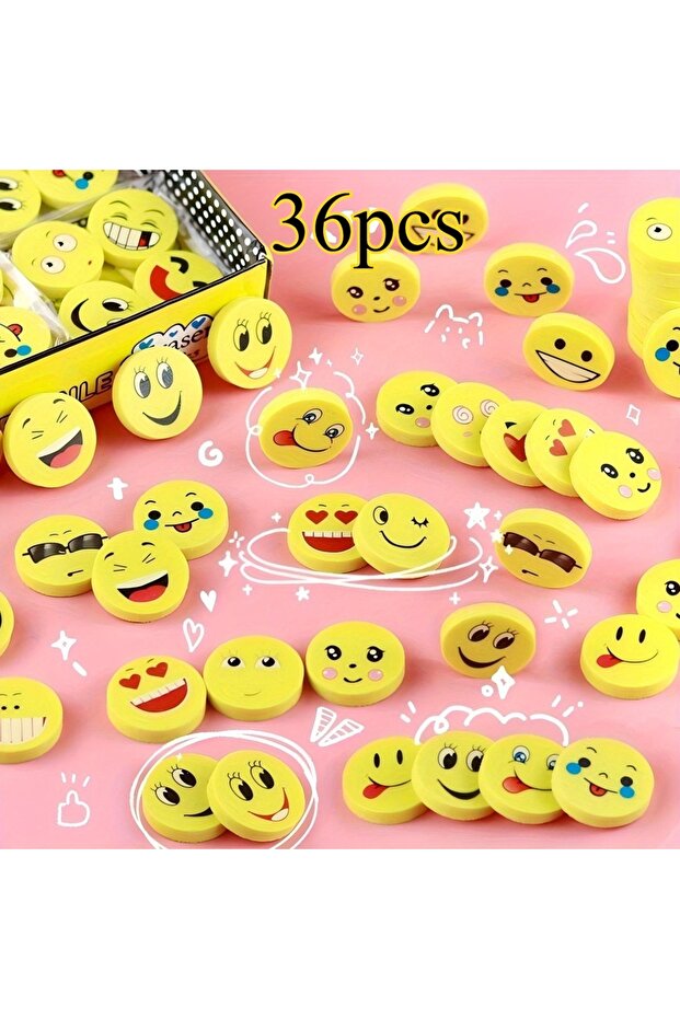 random pattern 36pcs 36pcs Smile Face Erasers - with Happy, Sad, Surprised expressions - Bright Yell
