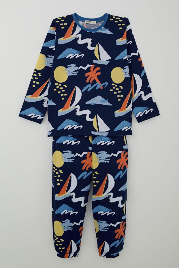 Boy's Pajama Set Summer Themed Elastic Waistband and Cuffs 4-8 Years Old, Navy Blue