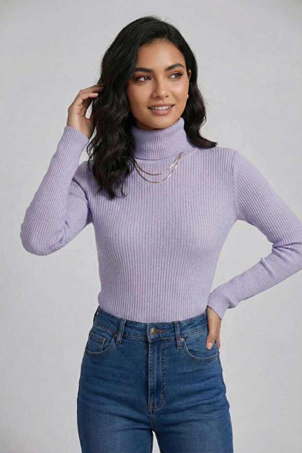 Women's Lilac Corded Fabric Full Turtleneck Basic Knitwear Sweater
