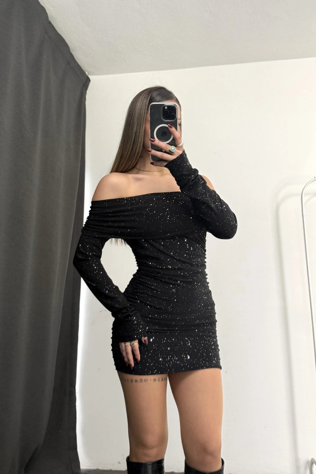 Simli Madonna Yaka Mini Elbise - 4