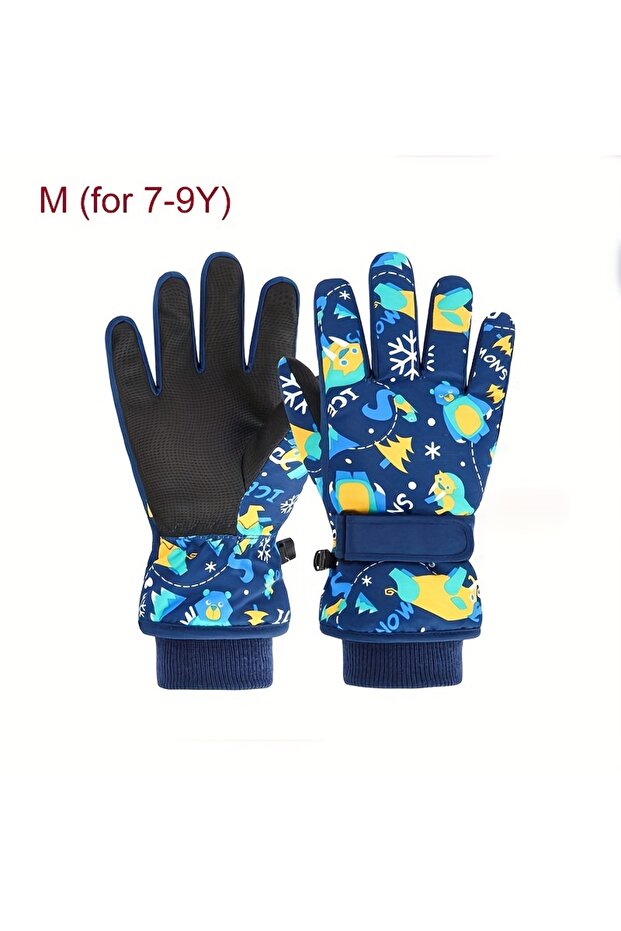 1 Pair Navy Blue M 1 Pair Children's Winter Gloves with Thick Warm Soft Velvet Lining, Adjustable