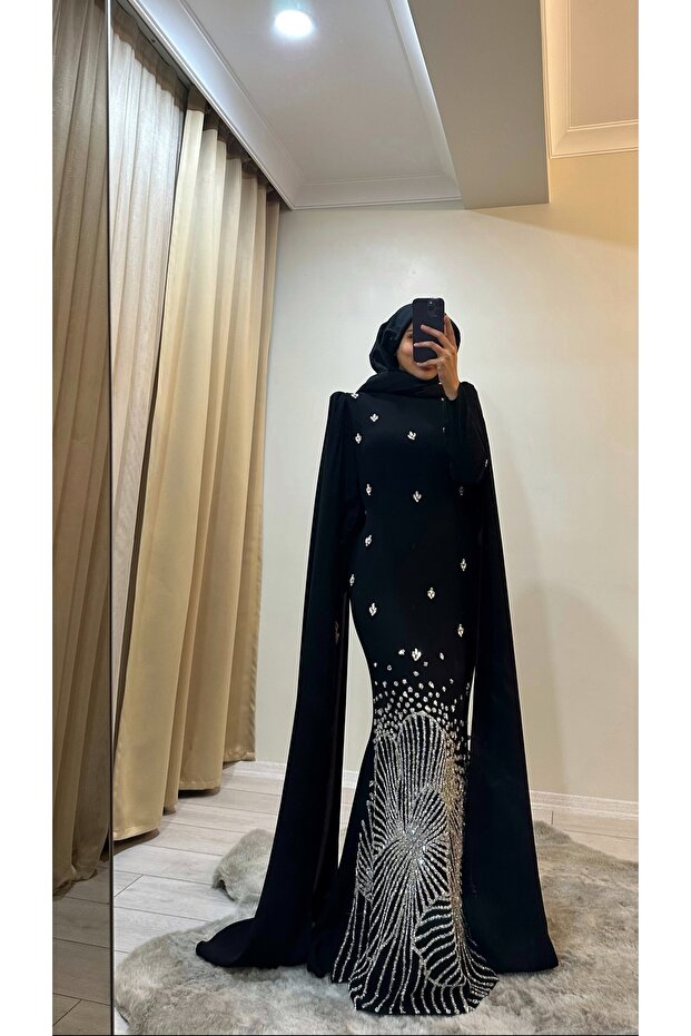 Stone Embroidered Cape Hijab Evening Dress
