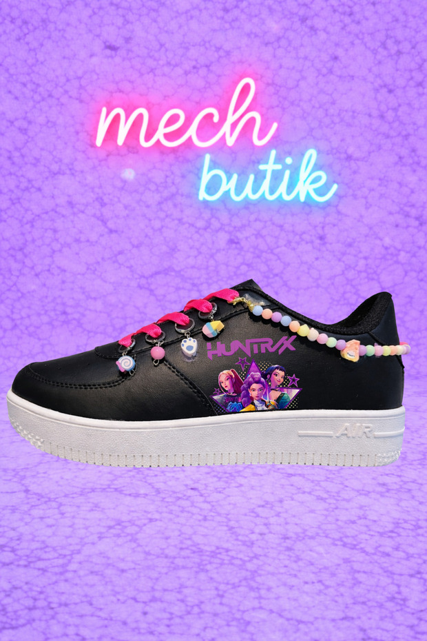 K-Pop Demon Hunter Huntrix Printed Lace-Up Black-White Sneaker Sports Shoes with Beads and Anklet