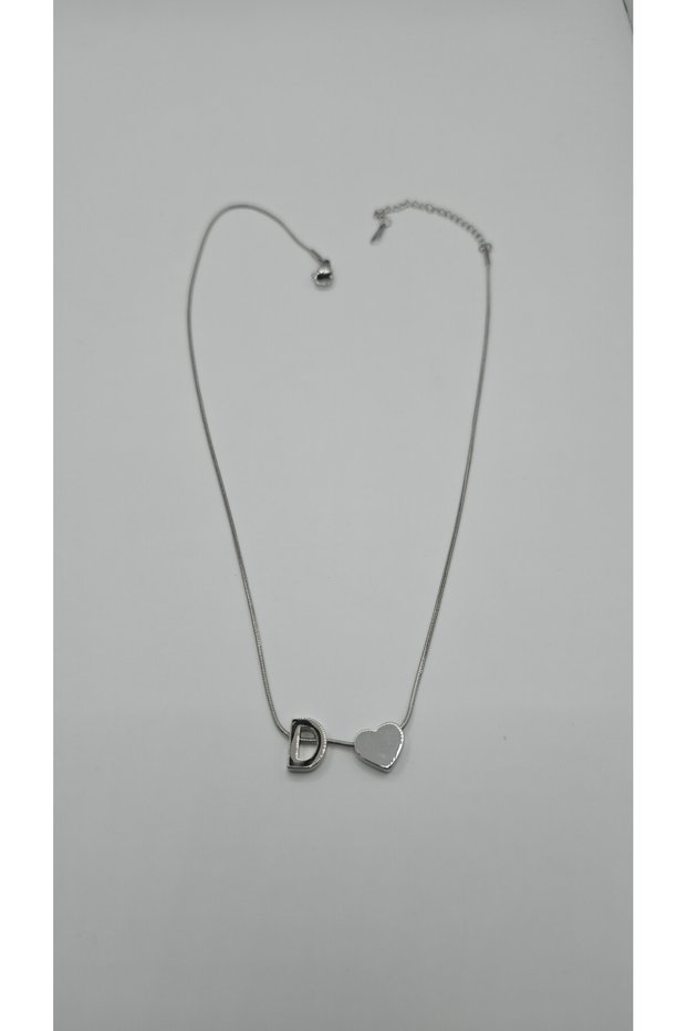 Silver Color-D Letter Necklace with Steel Heart Detail