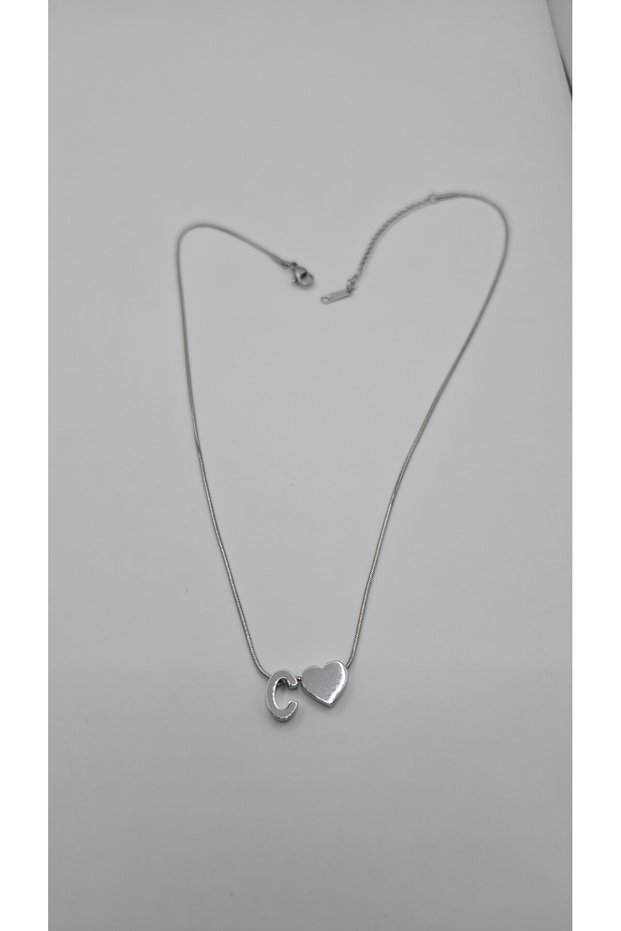 Silver Color-C-Letter Necklace with Steel Heart Detail