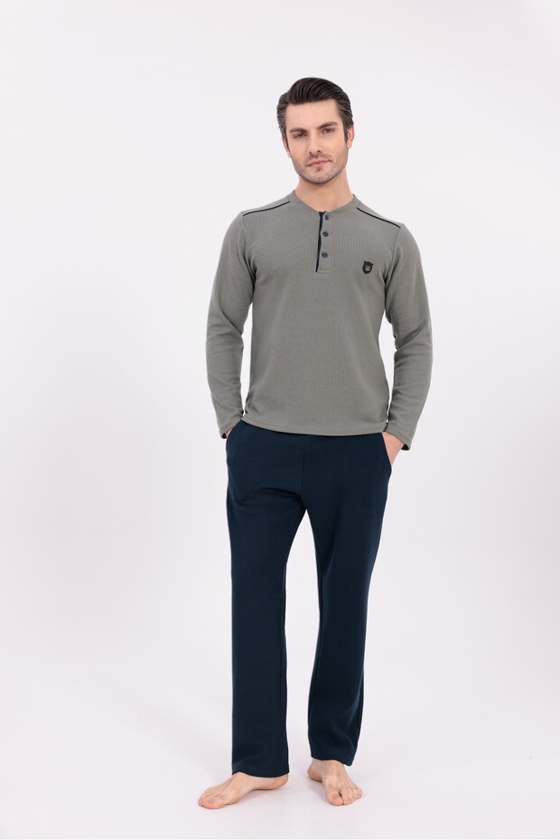 Men's Green Jacquard Winter Cotton Long Sleeve Men's Pajama Set