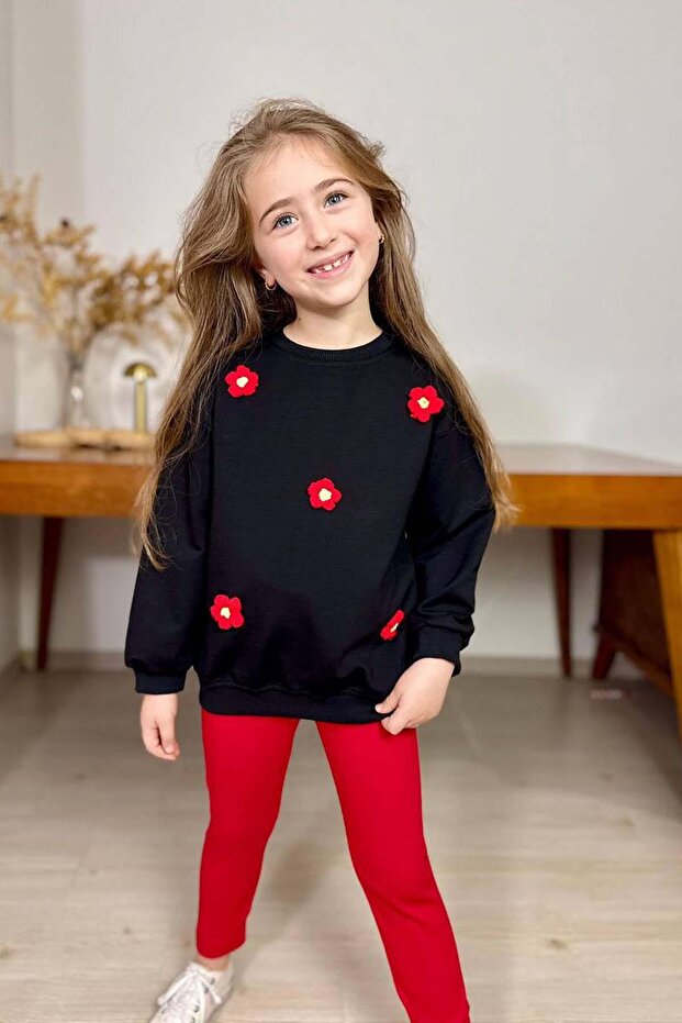 Girl's 3-Thread Sweater with Daisy Figure on It, Loose Cut, Scuba Fabric, F Corded Fabric Red Tights Set
