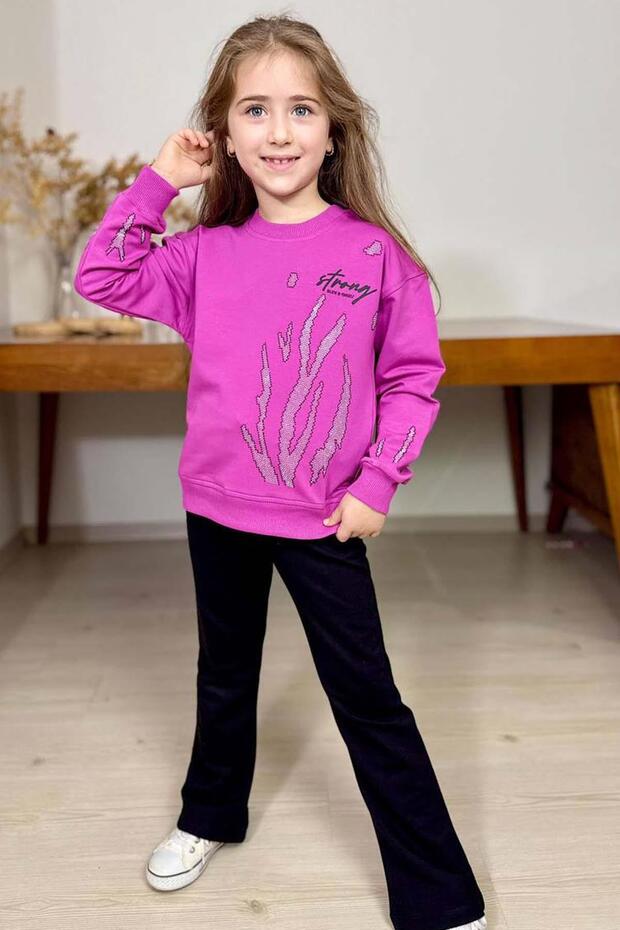 Girl's Purple Tracksuit with Strong Lettering Detail and Stone Tree on Top, Printed Double Pockets