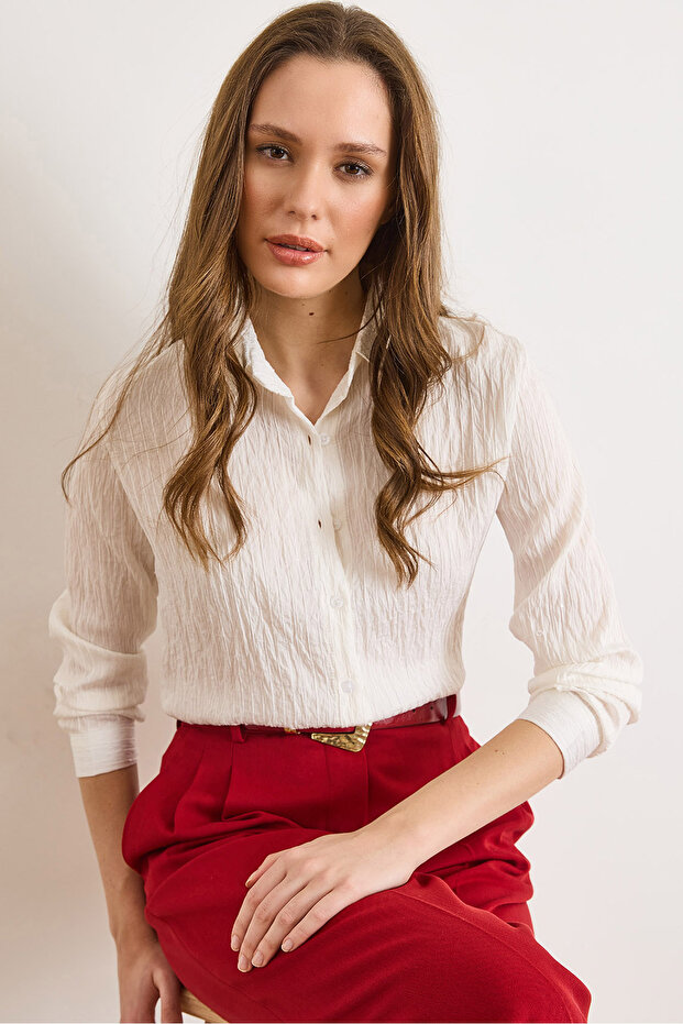 Women's White Sequin Detailed Striped Regular Fit Shirt Gml-19001406