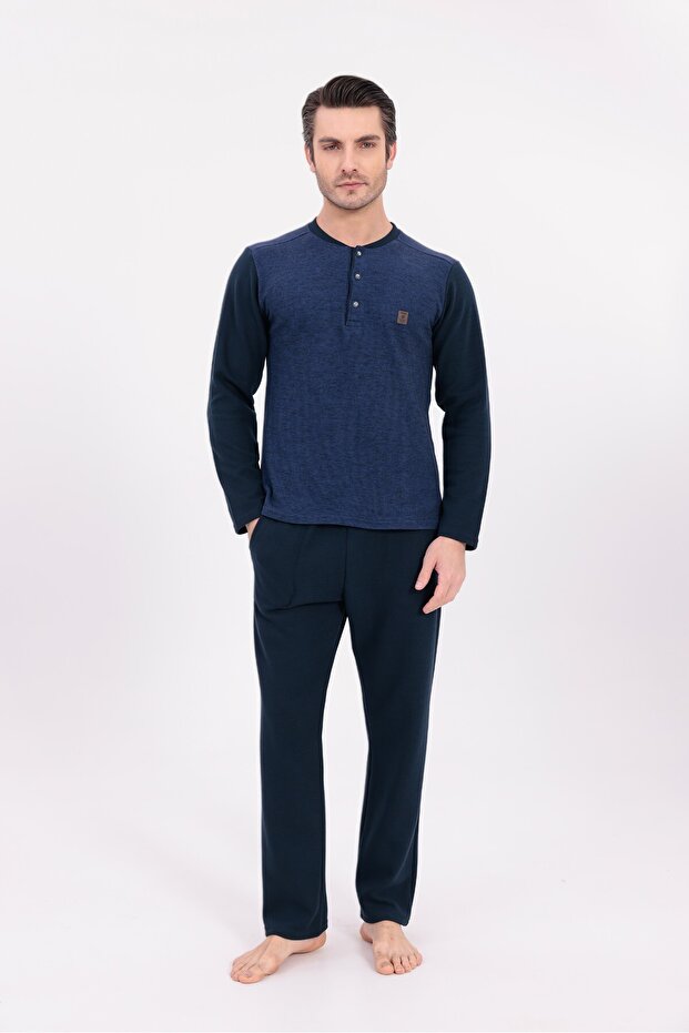 Men's Navy Blue Jacquard Winter Cotton Long Sleeve Men's Pajama Set