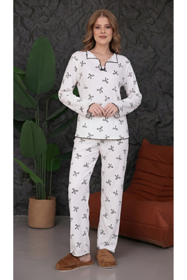 Дамски комплект пижама с дълги ръкави, удобна кройка, от памук, с мека текстура, с мотив от черни панделки и панделки - 3