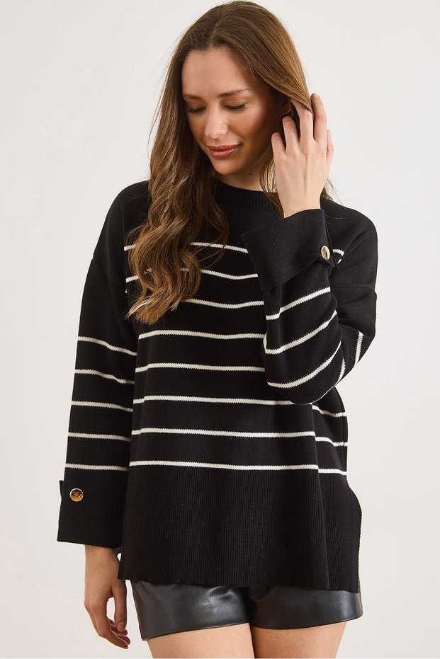 Women's Black Cuffed Striped Slit Knitwear Sweater Kzk-19001111