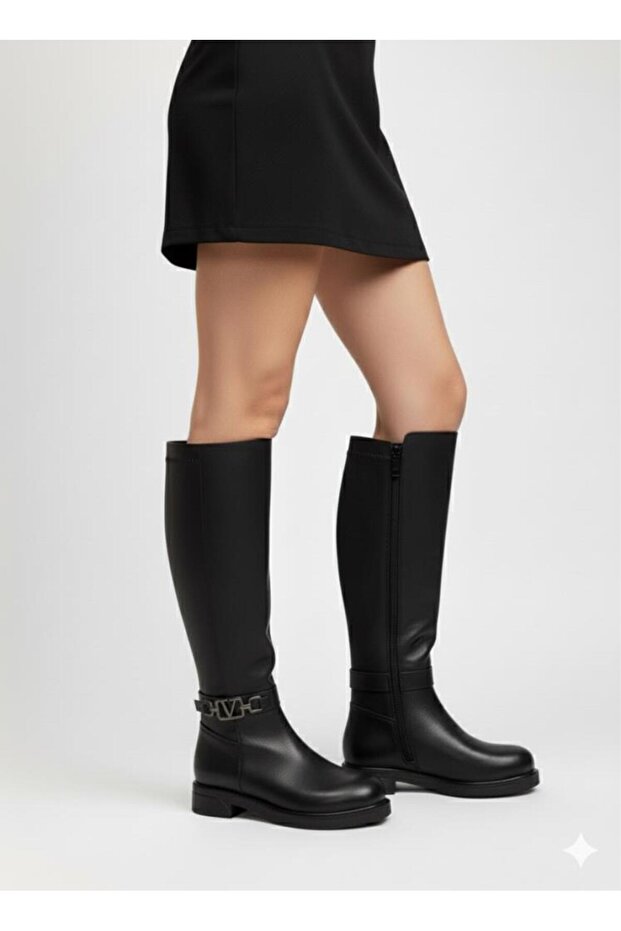 354185 Zippered Strec Black Women's Boots