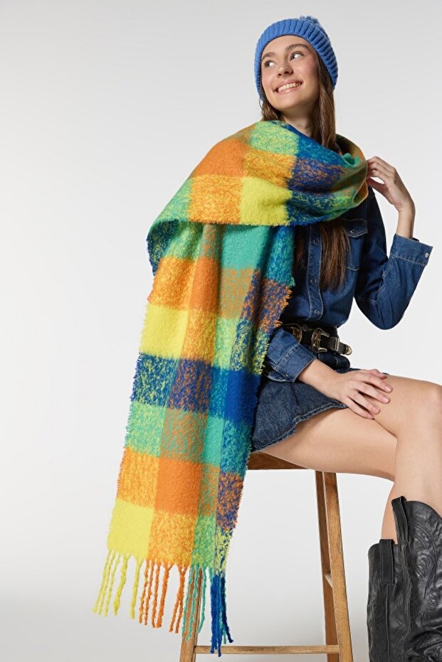 Square Patterned Colorful Saffron Boucle Thick Puff Shawl
