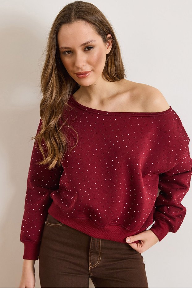 Women's Burgundy Sequined Boat Neck Fleece-Lined Sweatshirt Swt-19000794