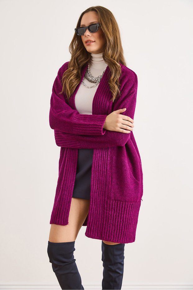 Women's Purple Pocketed Collar Detail Soft-Textured Knit Cardigan HRK-19000322
