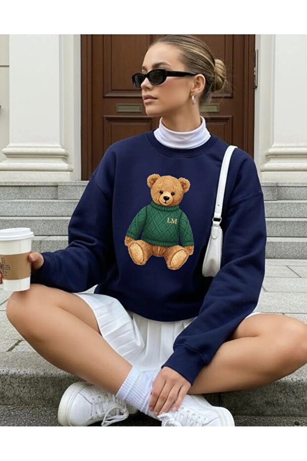 Bear Printed Oversized Cut Long Sleeve Organic Cotton Sweatshirt