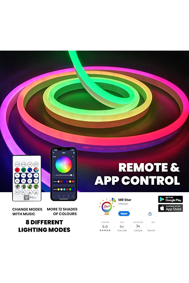5M Neon Led Strip Light, RGB Light Strip, Music Sync, App & Remote Control, Smart Home Led Lights, F
