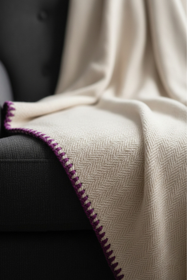 Peace Silk - Wool - Cotton Blend Handwoven Single Blanket - Crocheted Purple 140 X 180 cm