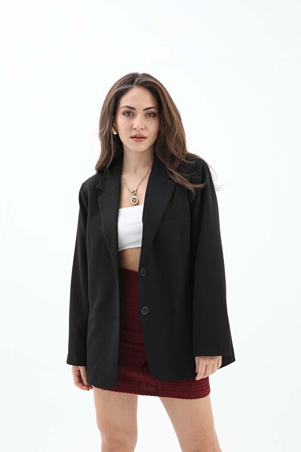 Women's New Season Inner Lined Premium K Double-Breasted Collar Buttoned O Oversized Black Blazer Jacket