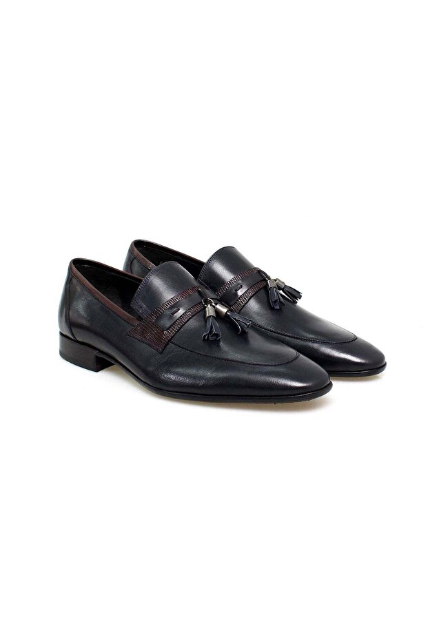 Dark Blue Color Laceless Genuine Leather Men's Shoes