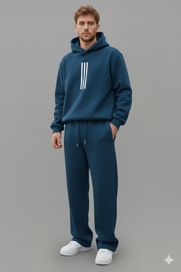 3-Striped Oversized Baggy Tracksuit Set-Winter Thick 3-Thread Fleece-Lined Wide-Leg Sweatpants-Top and Bottom Set