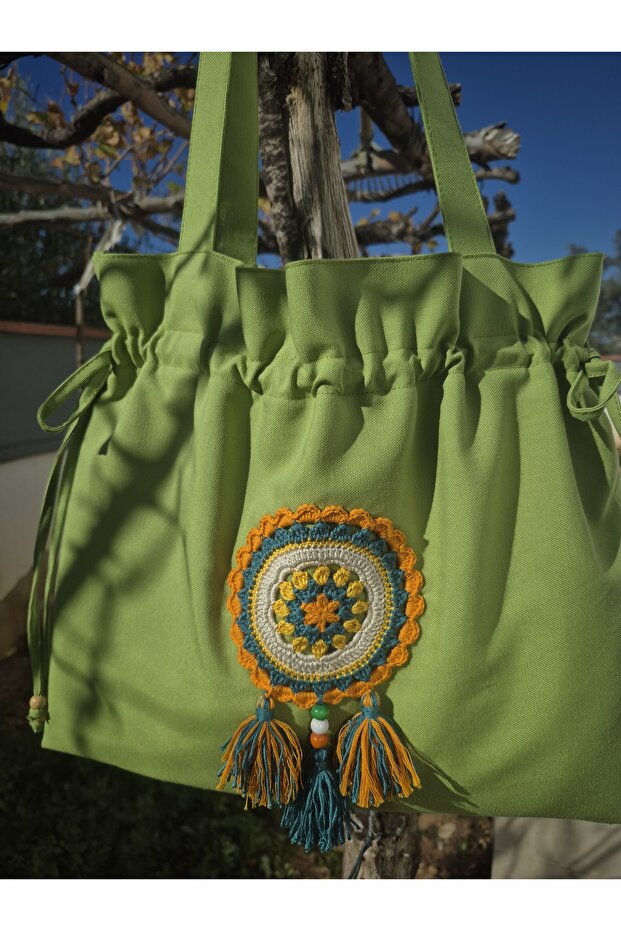 Green Tote Cloth Shoulder Bag with Drawstring/Tassel Mandala Detail