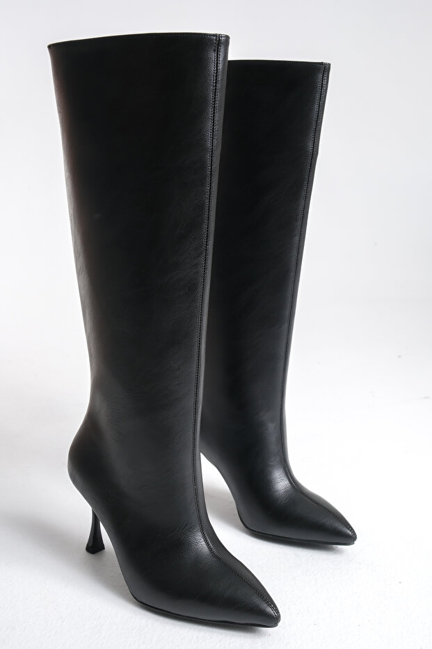 Women's Black Leather Thin Heel Pointed Toe Knee-High Boots
