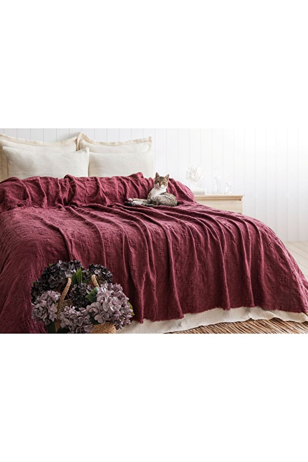 Anadolu Breeze 4-Layer 100% Cotton with Fringes, Seamless 220*240 cm Bedspread, Piquette, Sofa Cover