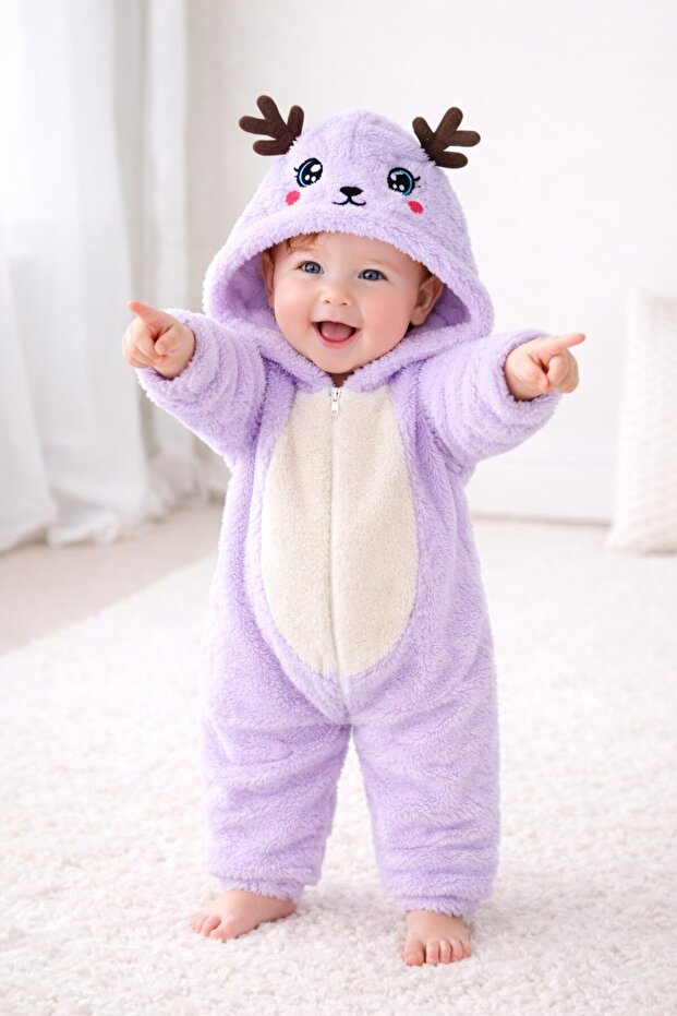 Sweet Hooded Deer Figured Plush Baby Romper