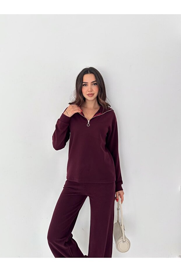 Women's Selani̇k Knitted Fabric Stand-Up Collar Zippered Double Set