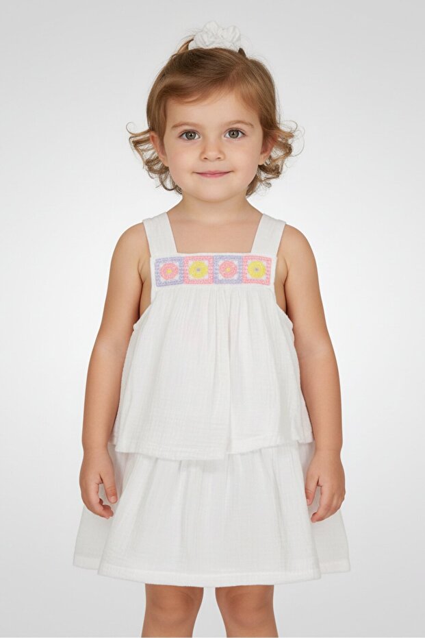 Toddlers Girl 2 Pieces Embroidered Tiered Dress With Scrunchie Set, White