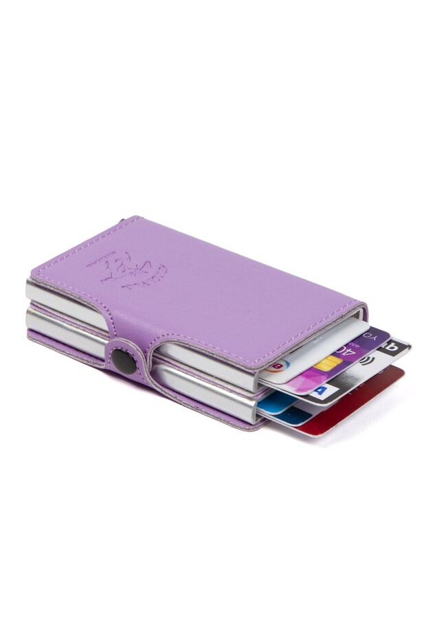 Lilac Leather Rfid Aluminum Dual Mechanism Card Holder and Wallet New027