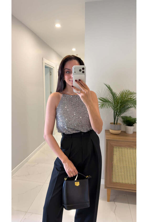 Motre Gray Strap Sequin Blouse - 1