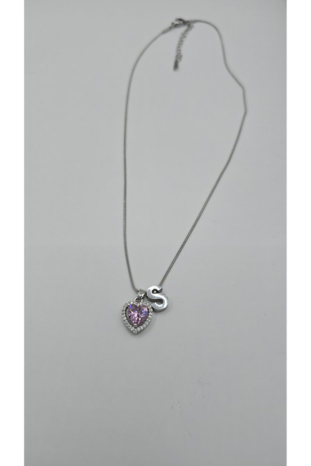 Silver Color-S Letter Necklace with Zircon Stone Steel Heart Detail