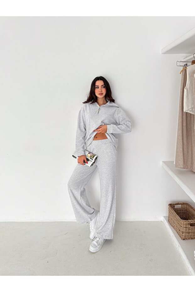 Women's Selani̇k Knitted Fabric Stand-Up Collar Zippered Double Set