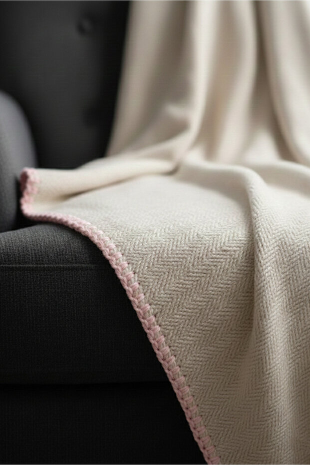 Peace Silk - Wool - Cotton Blend Handwoven Single Blanket - Crochet Embroidered Powder 140 X 180