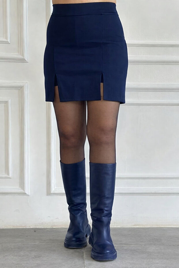 Steel Fabric Front Back Skirt-Looking Stretch Fabric Shorts Skirt Navy Blue