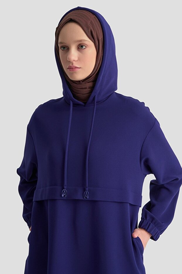 Kapüşonlu Basic Tunik - Saks - 4