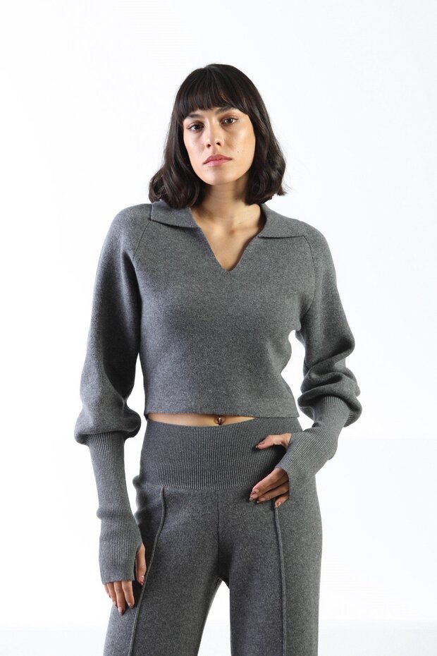 Anthracite Long Sleeve Shirt Collar Modern Cut Cashmere Women's Knitwear Sweater