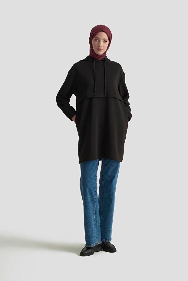 Kapüşonlu Basic Tunik - Siyah - 1