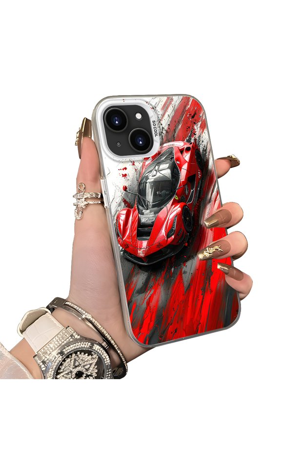 iPhone 14 Plus/15 Plus Compatible Silicone Edge Hard Back Anti-Fall Case Racing Car Style