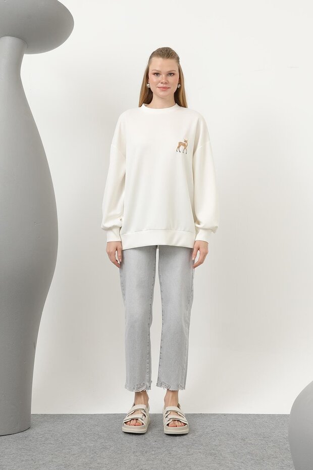 Ceylan Nakış Desenli Basic Sweat Tunik - Ekru - 3