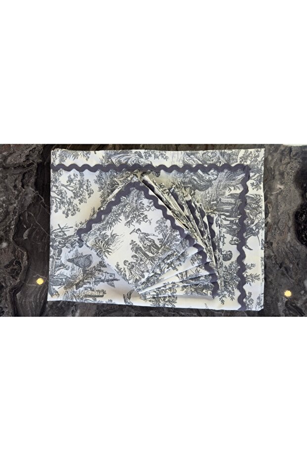 طقم مفرش طاولة منقوش باللون الرمادي - 4